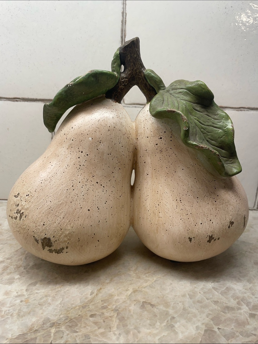 Decorative Ceramic Pear Pair with Green Leaves. 9” tall
